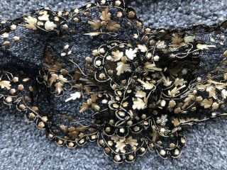 Unusual Antique Black Net Lace wrap/Scarf Floral Straw Embroidery 2