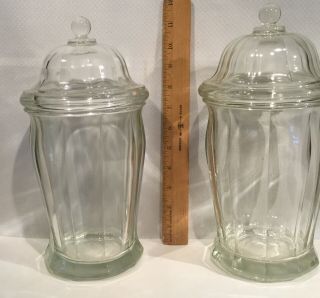 2 (two) Matching Antique 11” Heavy Glass Apothecary Counter Top Jars 2