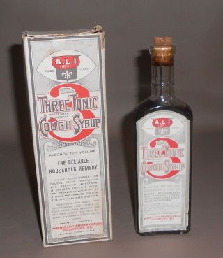 C1915 Antique Quack Medical Bottle Box A L I Three Tonic Cough Syrup Richmond Va