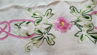 Very Large Vintage Hemstitched Hand Embroidered Linen Tablecloth,  8 Napkins