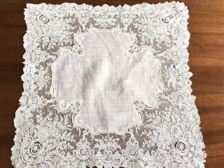 Antique White Lawn Lace Wedding Handkerchief 13x13 Inches