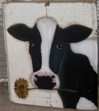 Primitive Hp Folk Art Black & White Cow Sunflower Reclaimed Wood