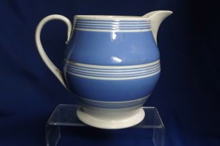 Antique Mochaware Lg 7 " High 61/2 " Wide Pottery Pitcher Blue Banded