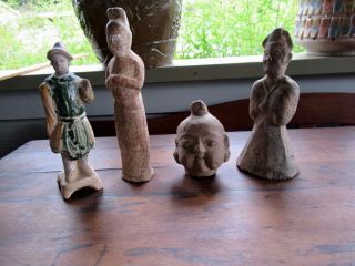 Grouping 4 Chinese Dynastic Pottery Earthenware Figures Han Tang Ming Dynasty 6