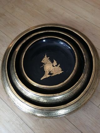 Vintage Burmese Nesting Lacquer Bowl Set.  Black Lawyer Hand Painted Gold Leaf.