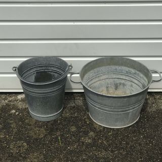 Vintage British Galvanised Tin Bath & Bucket Dog Oval Wash Tub Garden Planter