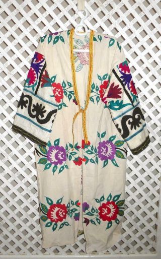 VINTAGE OLD GORGEOUS UZBEK SILK HAND EMBROIDERY ROBE CHAPAN JACKET CAFTAN 1226 2