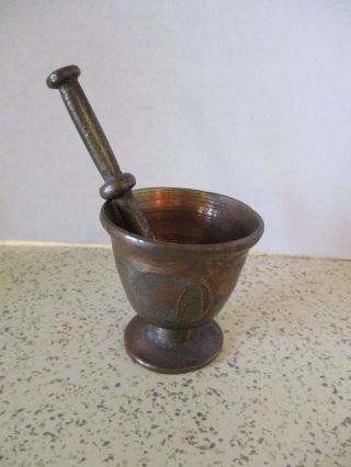 Antique Small Cast Brass Mortar & Pestle,  This Was As A " Dinner Bell "