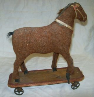 Antique 10 1/2 " Wood & Cloth Horse On Wheels Pull Toy