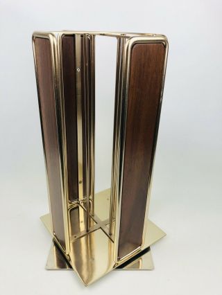 Mcm Mid Century Modern Brass Wood Spinning Metal Rack Display 18” X 9”