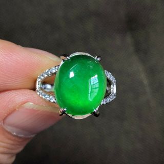 S925 Silver & Green Jadeite Jade Oval Bead Handwork Rare Chinese No.  7 - 12 Ring