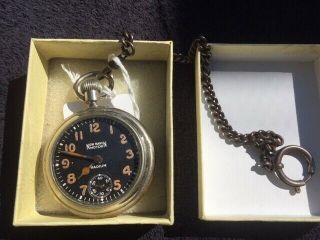 Vintage Military Haven Radium Pocket Watch Open Face Black Dial Whit Chain