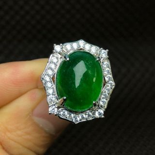 Chinese Collectible 925 Silver & Green Jadeite Jade Bead Handwork No.  7.  5 - 12 Ring