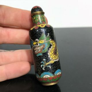 Vtg Chinese Black Enamel Cloisonné 5 Toe Dragon Miniature Snuff Jar Bottle