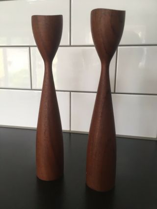 Pair Mid Century Teak Danish Candlesticks By Illums Bolighus