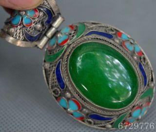 Ancient Collectable Miao Silver Carve Cloisonne Flower Inlay Jadite Rare Pendant