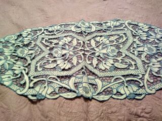 Spectacular Blue Cutwork And Embroidered Madeira Linen Runner 26 " X 12 "