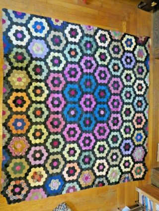 Victorian Silk Mosaic Flower Garden Antique Quilt Hexagon 76.  5 " X 71 " Antique Top