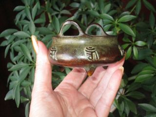 OLD CHINESE BRONZE TRIPOD INCENSE CENSER W/HANDLES XUANDE MARK PATINA 7
