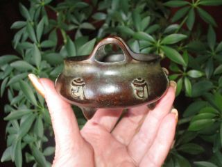 OLD CHINESE BRONZE TRIPOD INCENSE CENSER W/HANDLES XUANDE MARK PATINA 8