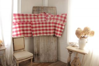 Antique French Vichy Check Red Aged Fabric Material For Pillows Etc