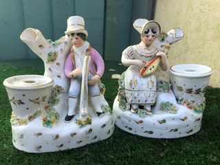 Pair: Early 19thc Staffordshire Porcellaneous Male,  Female Figures C1820s