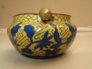 OLD CHINESE JAR CENSER INCENSE BURNER ASHTRAY CLOISONNE YELLOW BLUE ENAMEL W LID 5