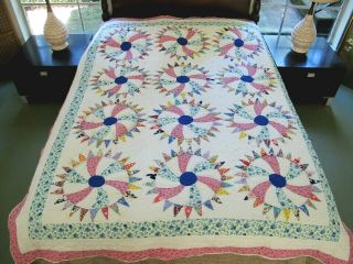 Striking Vintage Hand Pieced & Quilted Feed Sack Flywheel Quilt,  Needs Tlc; Full