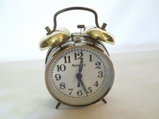 Vintage Advance Twin Bell Wind - Up Alarm Clock With Gold Tone Metal Case