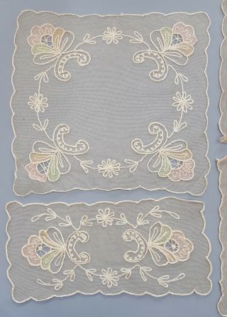 Antique or Vintage Tambour Net Lace Dresser Scarves w Pastel Color Flowers Silk? 3