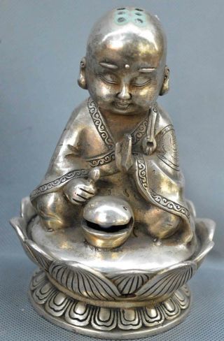Old Collectable Miao Silver Carve Handwork Buddha Sit Lotus Lucky Incense Burner