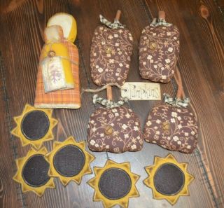 Primitive Folk Art Fall Stump Doll Pumpkin Sunflower Ornies Fillers Tucks [e]