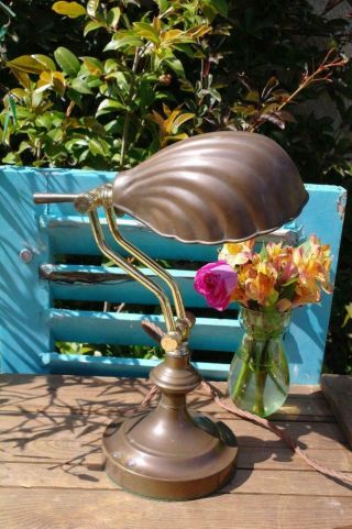 Vintage Brass Art Deco Desk Lamp With Shell Shade Club Style Adjust & Pivot CHIC 2