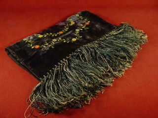 Antique Vintage Victorian Velvet Table Runner Scarf Silk Embroidery Fringe 15x32