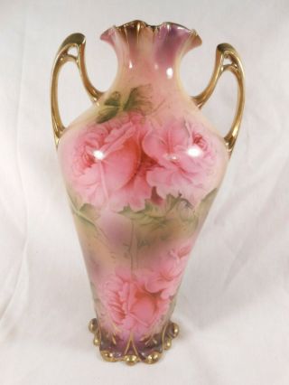 Vintage Royal Vienna China Double Handle Pink Roses Urn Vase