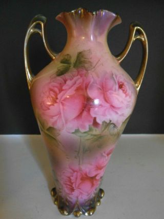 Vintage Royal Vienna China Double Handle Pink Roses urn vase 2