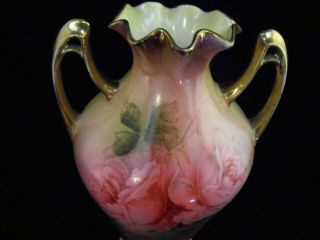 Vintage Royal Vienna China Double Handle Pink Roses urn vase 4