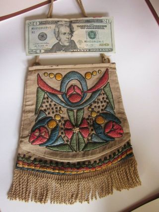 Antique Arts & Crafts Movement Hand - Embroidered Purse Mission Era 1900 Handbag