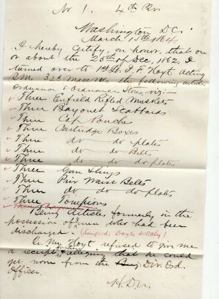 1864 Handwritten Civil War Document Return Of Discharged Soldiers Equipment