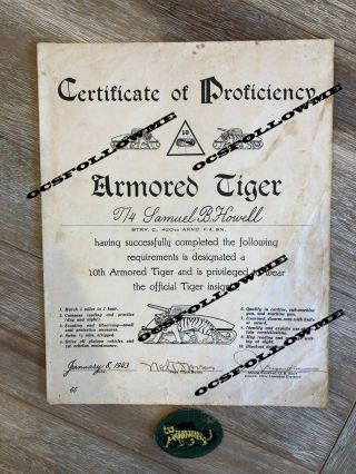 Ww2 Wwii Us 10th Armored Division Proficiency Certificate Signed By Kia General
