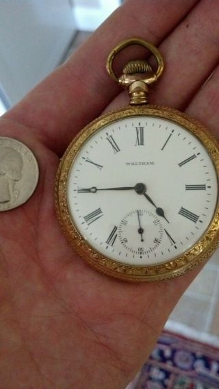 Antique Gold Filled? Waltham Pocket Watch Runs.  piece Roman Numerals NR 3