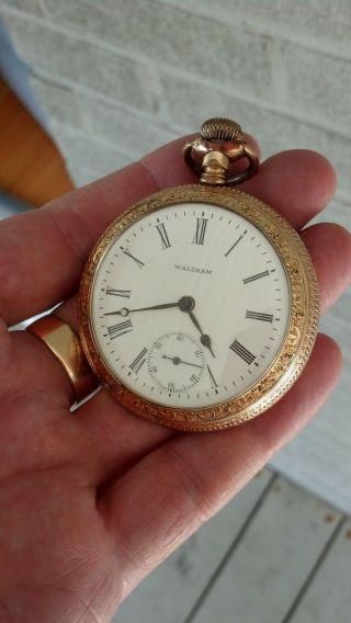 Antique Gold Filled? Waltham Pocket Watch Runs.  piece Roman Numerals NR 5