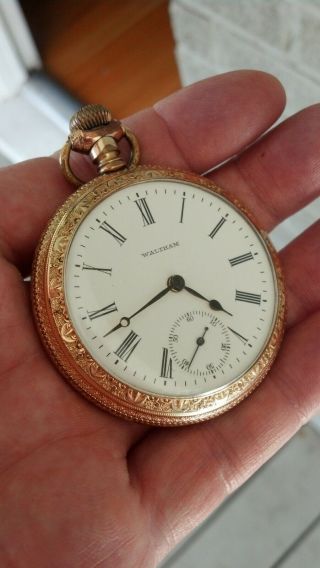 Antique Gold Filled? Waltham Pocket Watch Runs.  piece Roman Numerals NR 8
