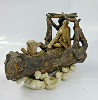 Chinese Antique Shiwan Pottery Sculpture Man Sitting On Log Boat Seal Mark Qing?