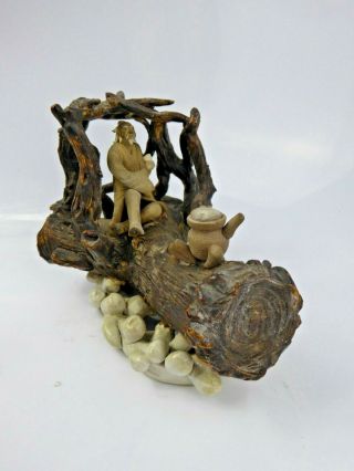 Chinese Antique Shiwan Pottery Sculpture Man Sitting on Log Boat Seal Mark Qing? 4