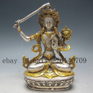 Chinese Old Silver Bronze Gilt Tibetan Buddhism Statue - - - Manjushri Buddha D02