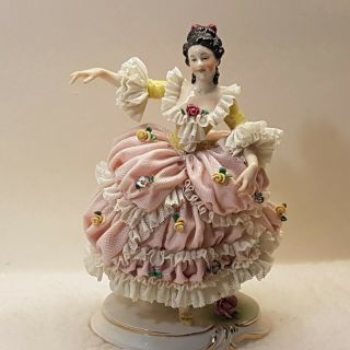 Fine Antique Muller Volkstedt Dresden Lace Large Dancing Lady Porcelain Figurine