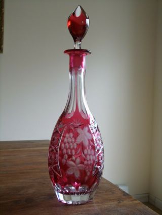 Antique Bohemian Czech Ruby Cut To Clear Glass Liquor/wine Decanter With Stopper