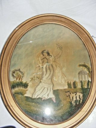 Antique Georgian 18thc Silk Embroidery Picture Bo Peep Mary Had A Little Lamb