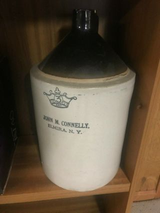 Rare John Connelly 3 Gallon Stoneware Whisky Jug Elmira Ny